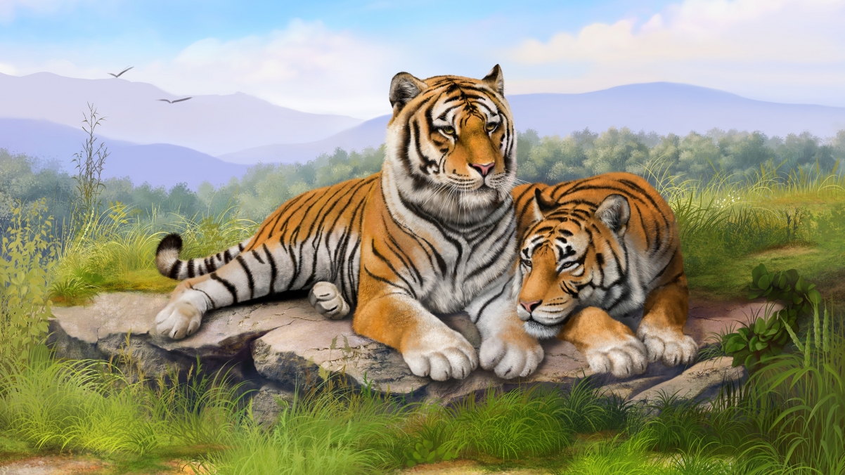 Two tigers hand-painted landscape pictures