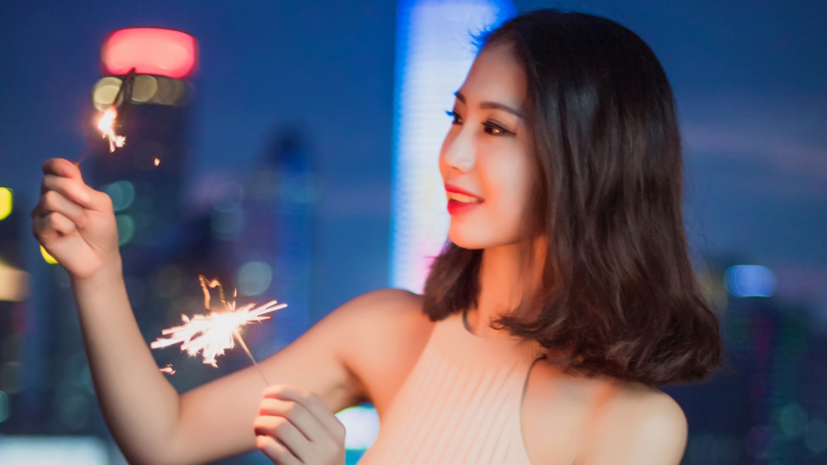 Lovely seductive beauty on rooftop at night 4k