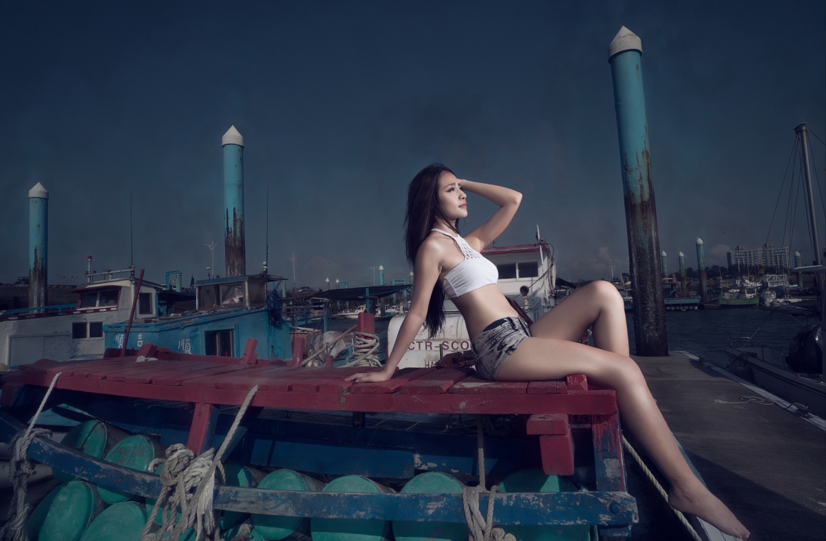 Yacht long legs beauty at night marina 5K