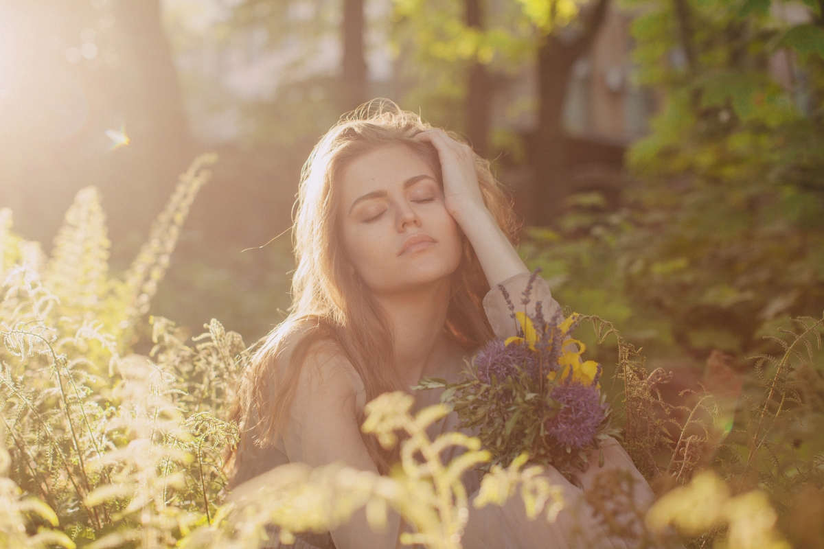 Beauty with closed eyes in forest sunshine 4