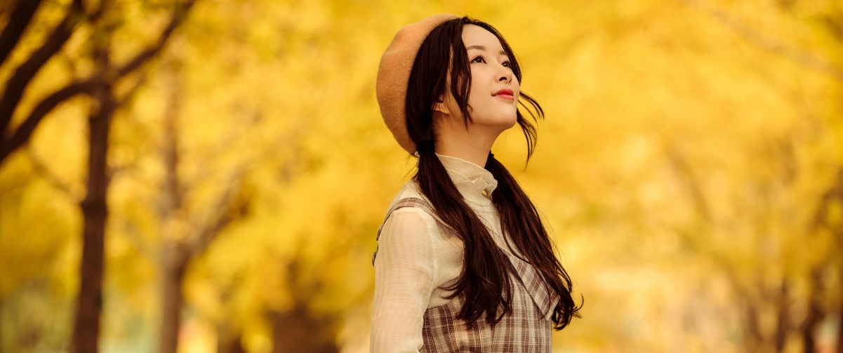 Beautiful girl in autumn forest 3440x1