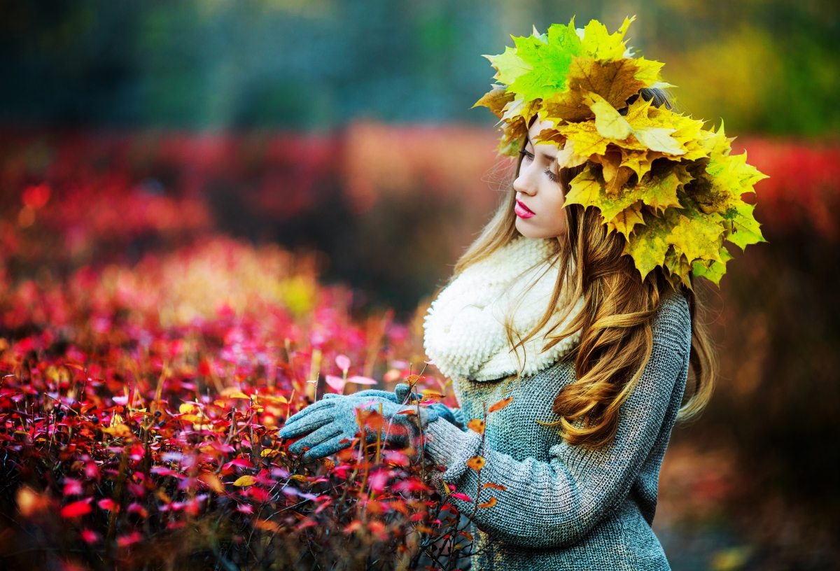 Autumn leaves maple girl 4K beauty