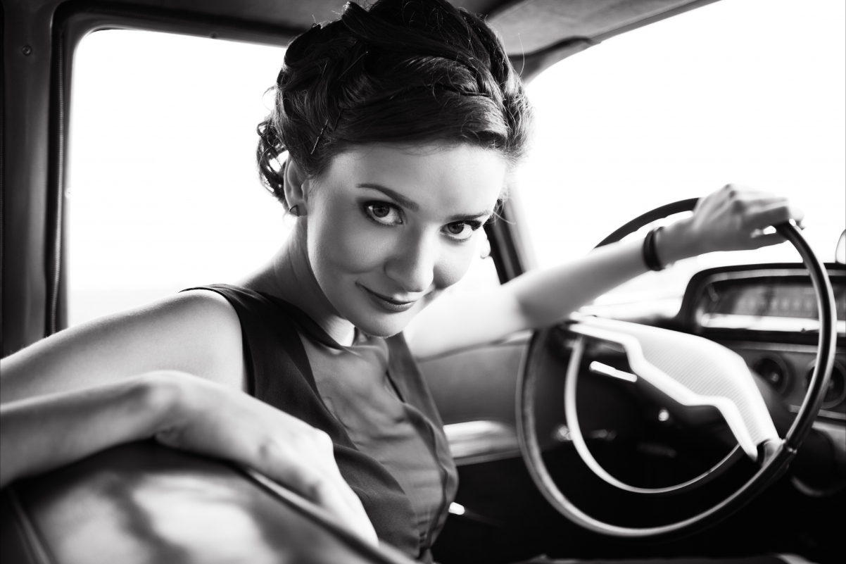 Car girl black and white photo retro