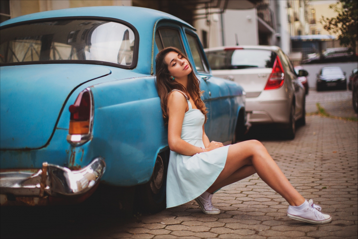 Car white skirt girl beautiful legs