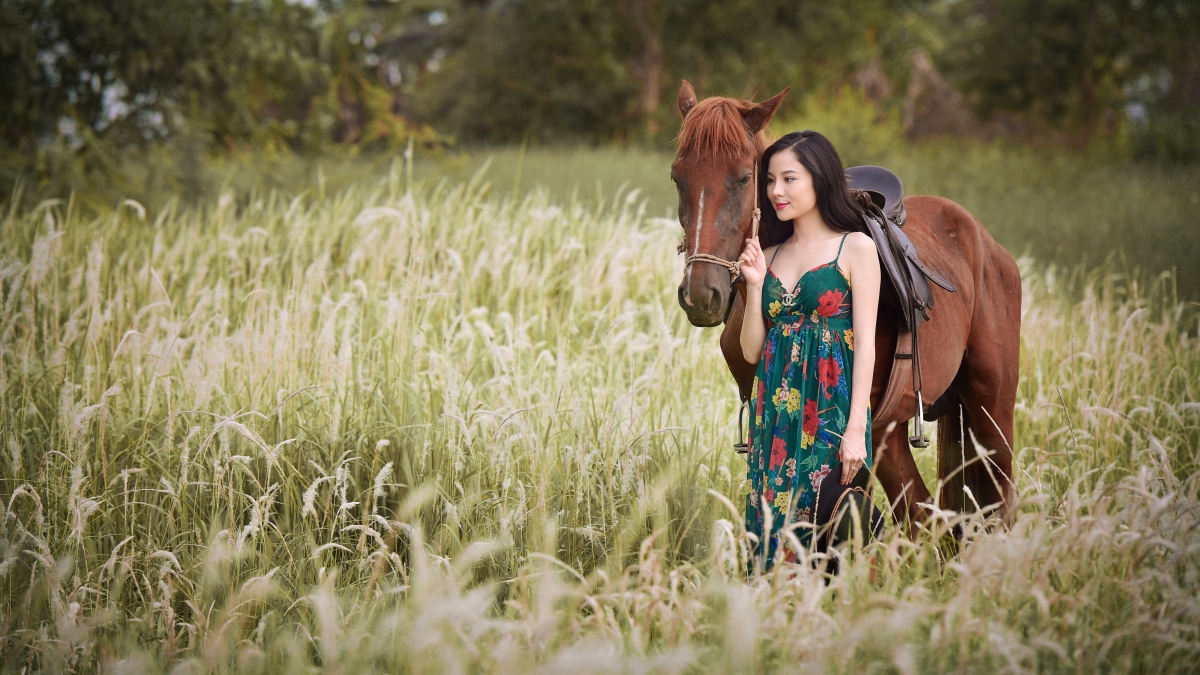 Girl walking, horse, nature, beauty woman