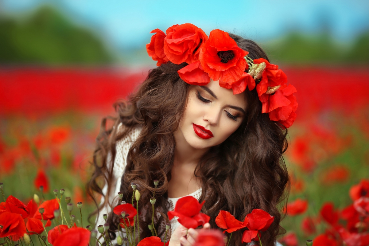Girl red wreath flowers red