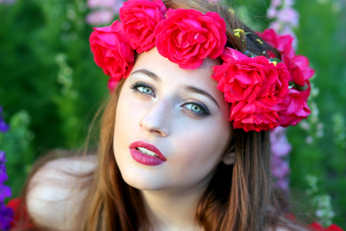 Girl flowers wreath red roses