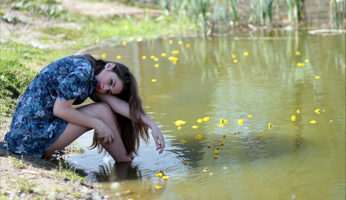 Girl water flowers beautiful lake