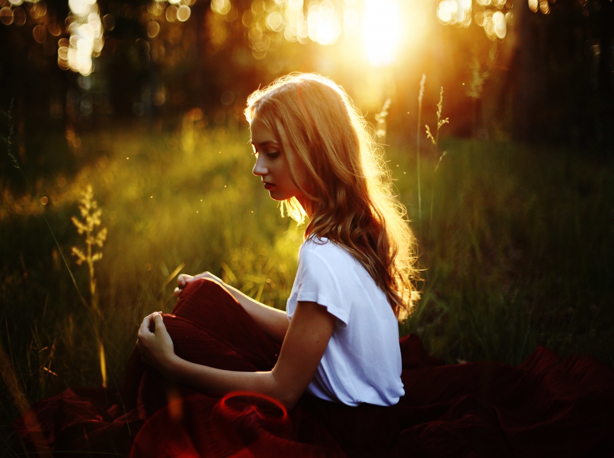 Girl grass light beautiful scenery