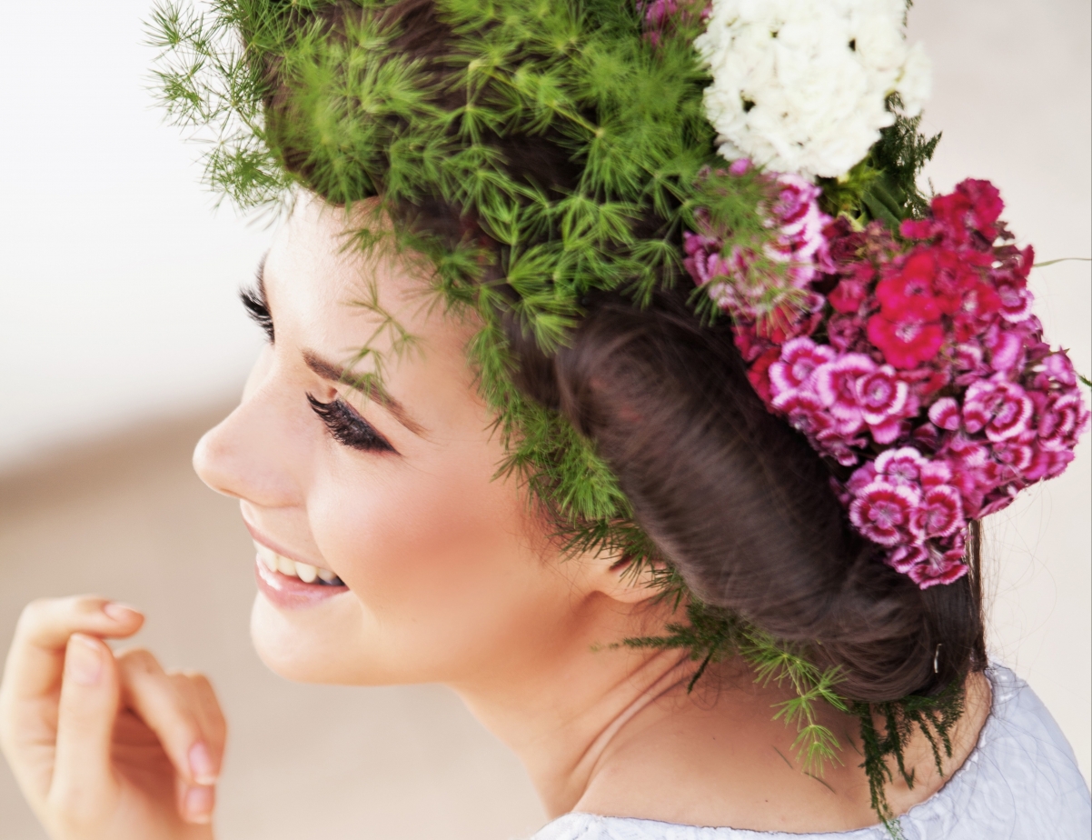 Beautiful smile with fresh eyelashes and headdress