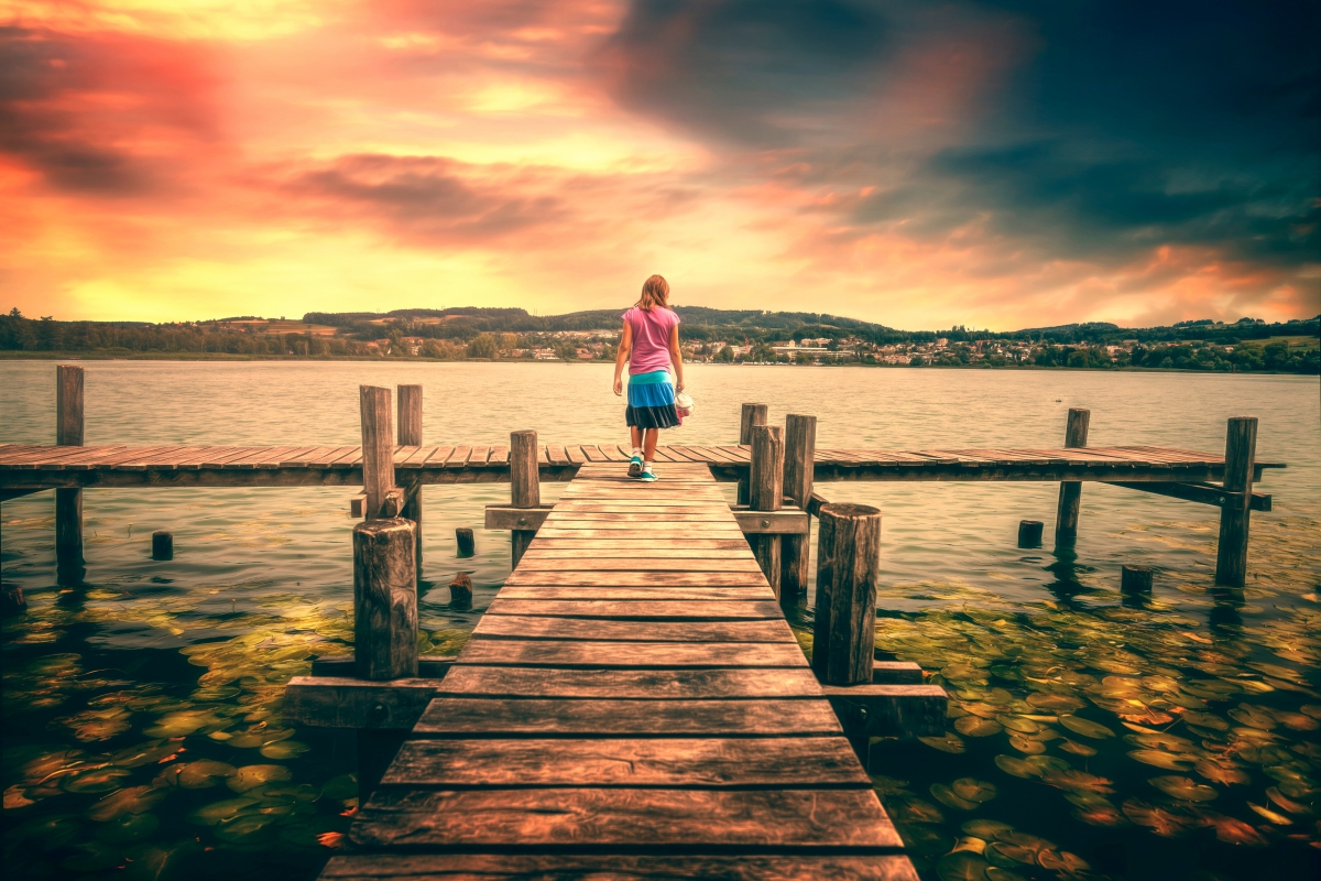 Lake, pier, woman, back view, only