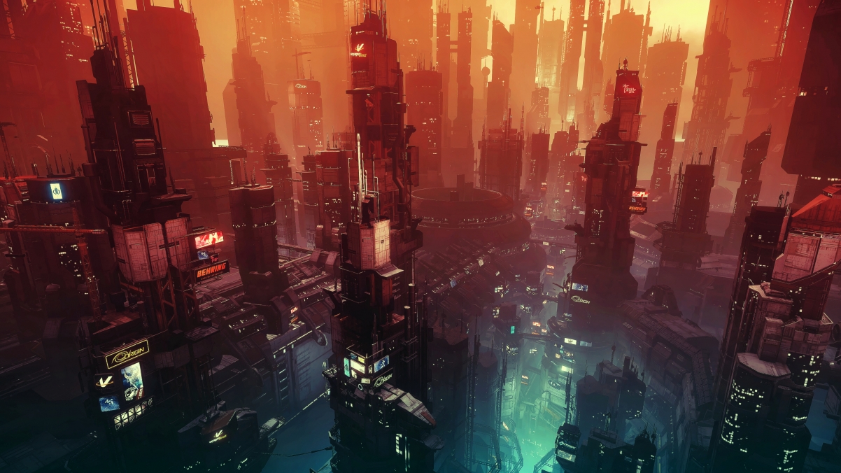 Futuristic City Sunset Sci-Fi Overview