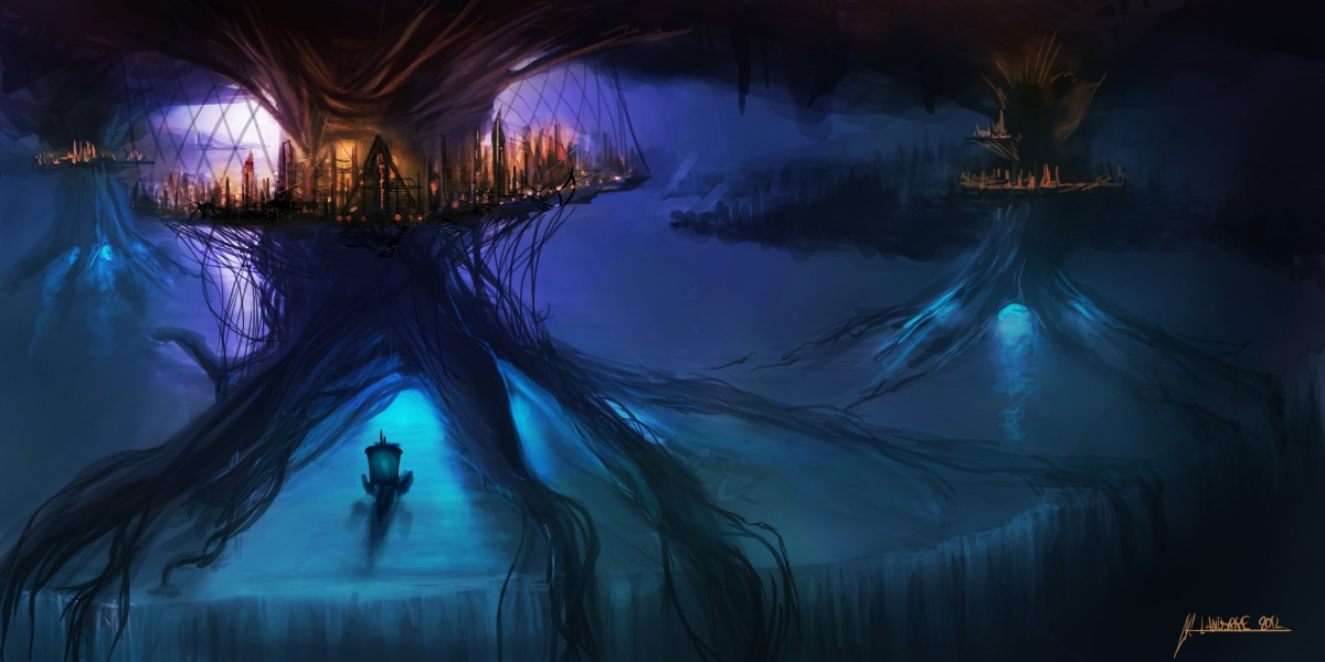 Tree Town Lake Boat Aesthetic Art 4k