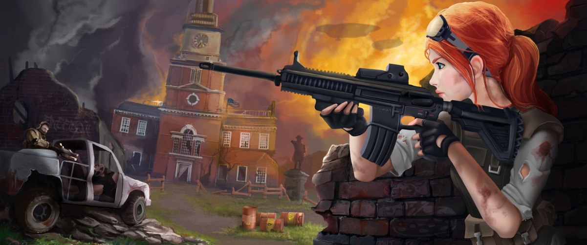 Female soldier, rifle, bell tower, jeep