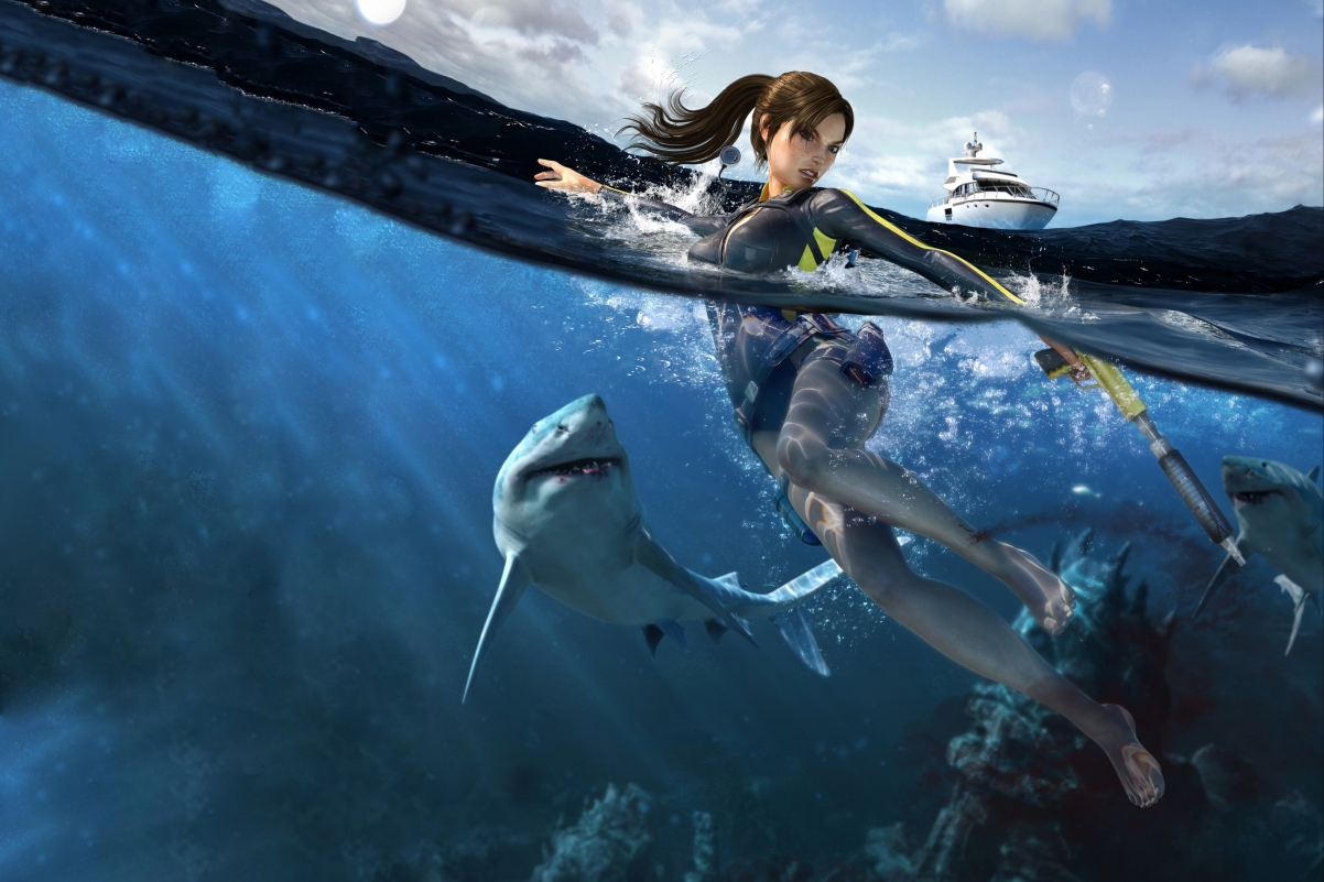 Sea water, shark, yacht, Tomb Raider