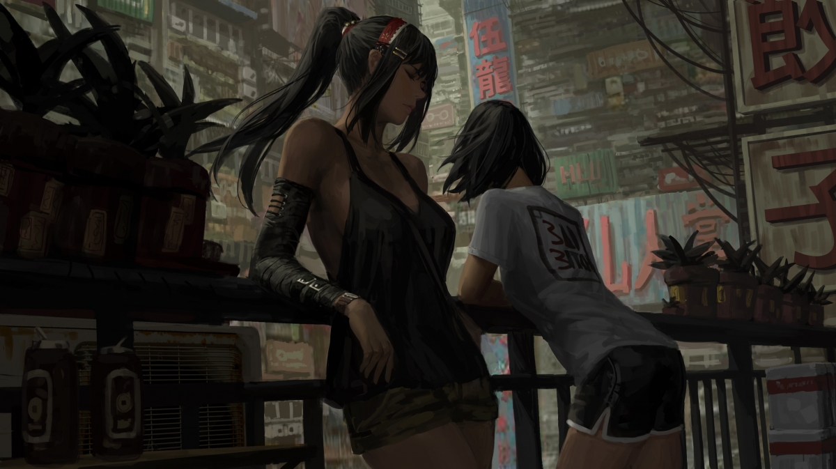 Long-haired girl and short-haired girl railing