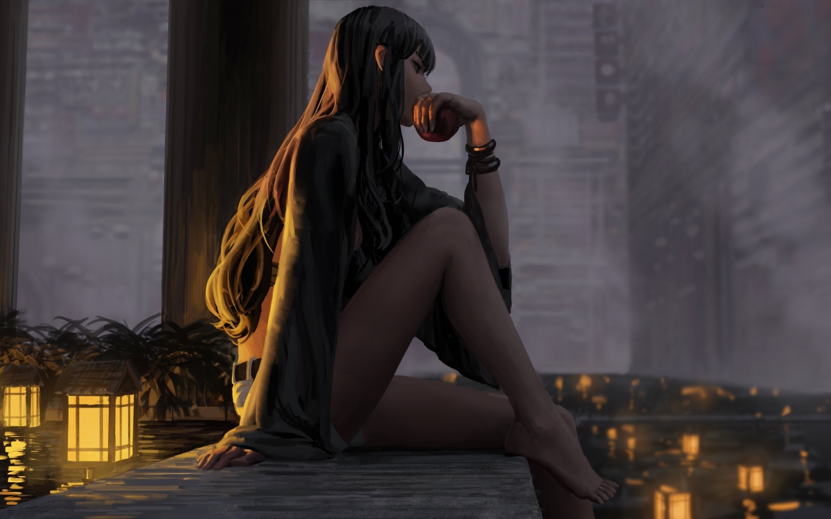 Long-haired girl with long legs and apple 4k action