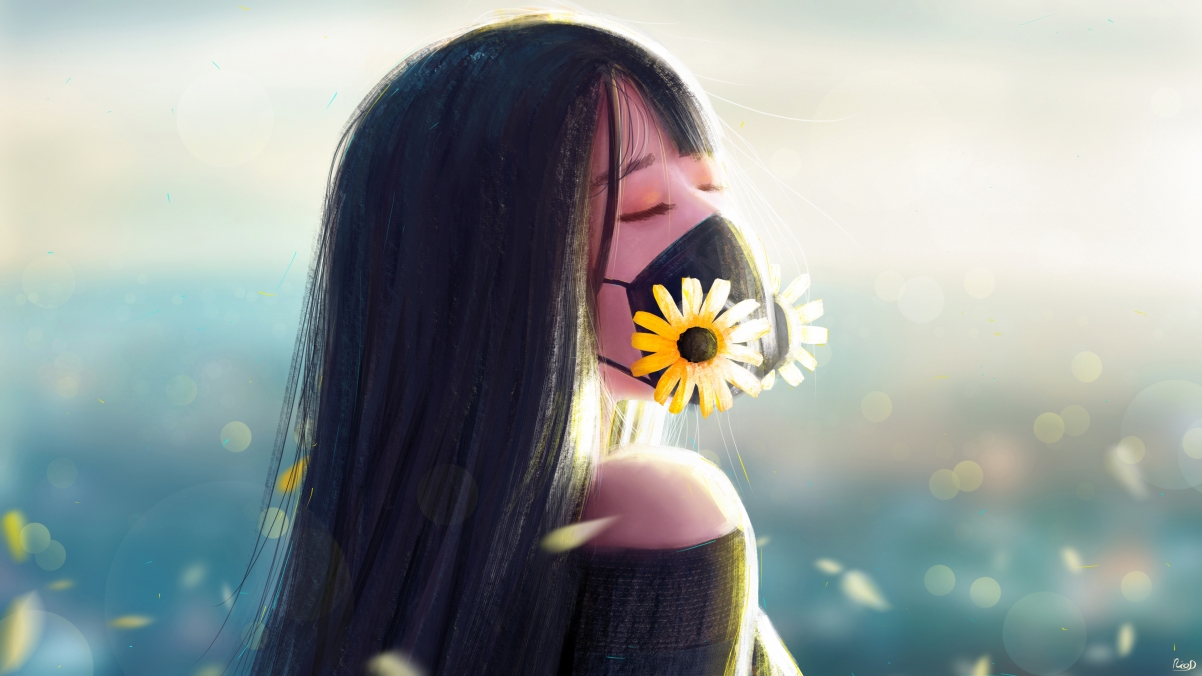 Long-haired girl with closed eyes mask flowers