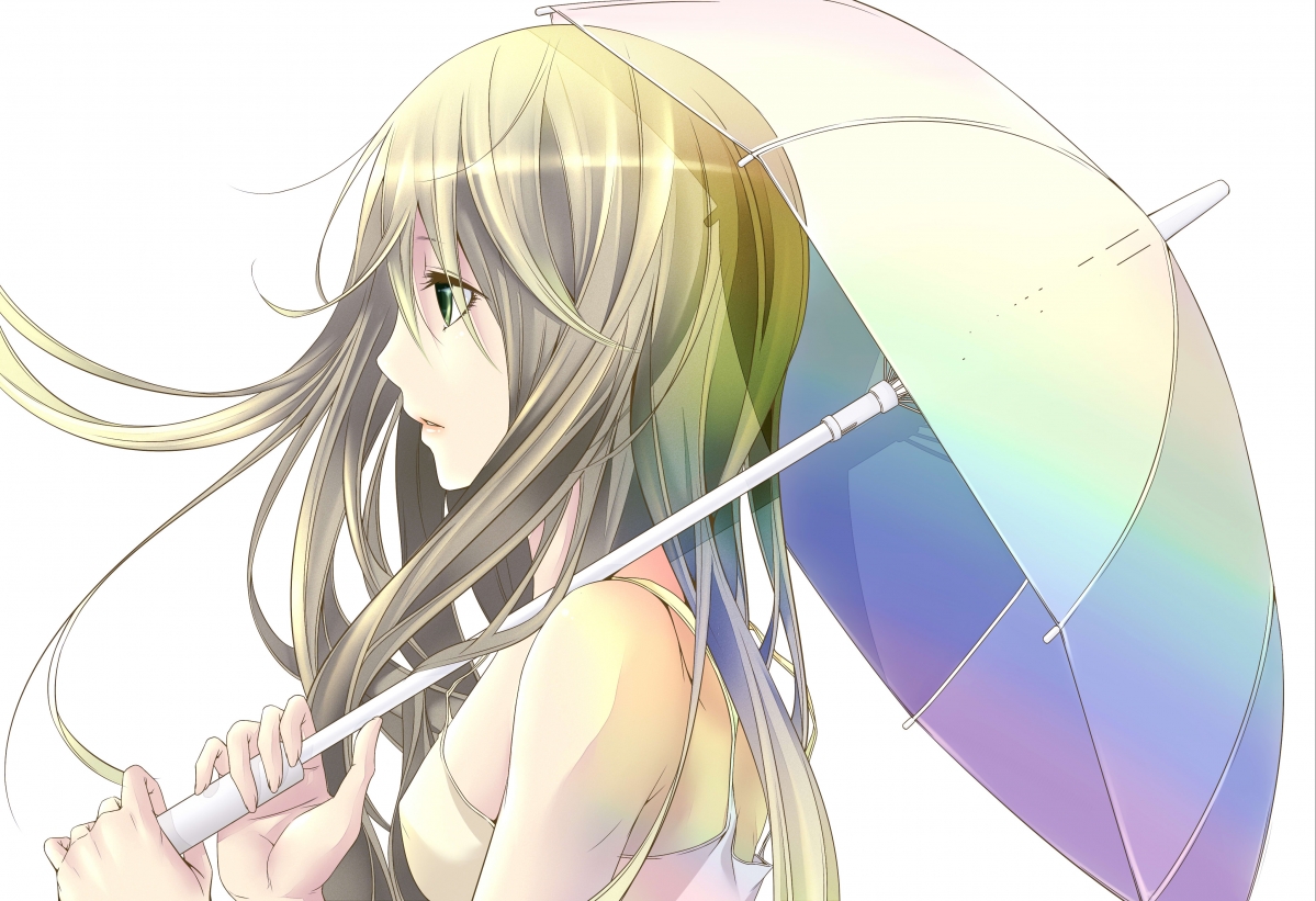 Long hair green eyes anime girl umbrella