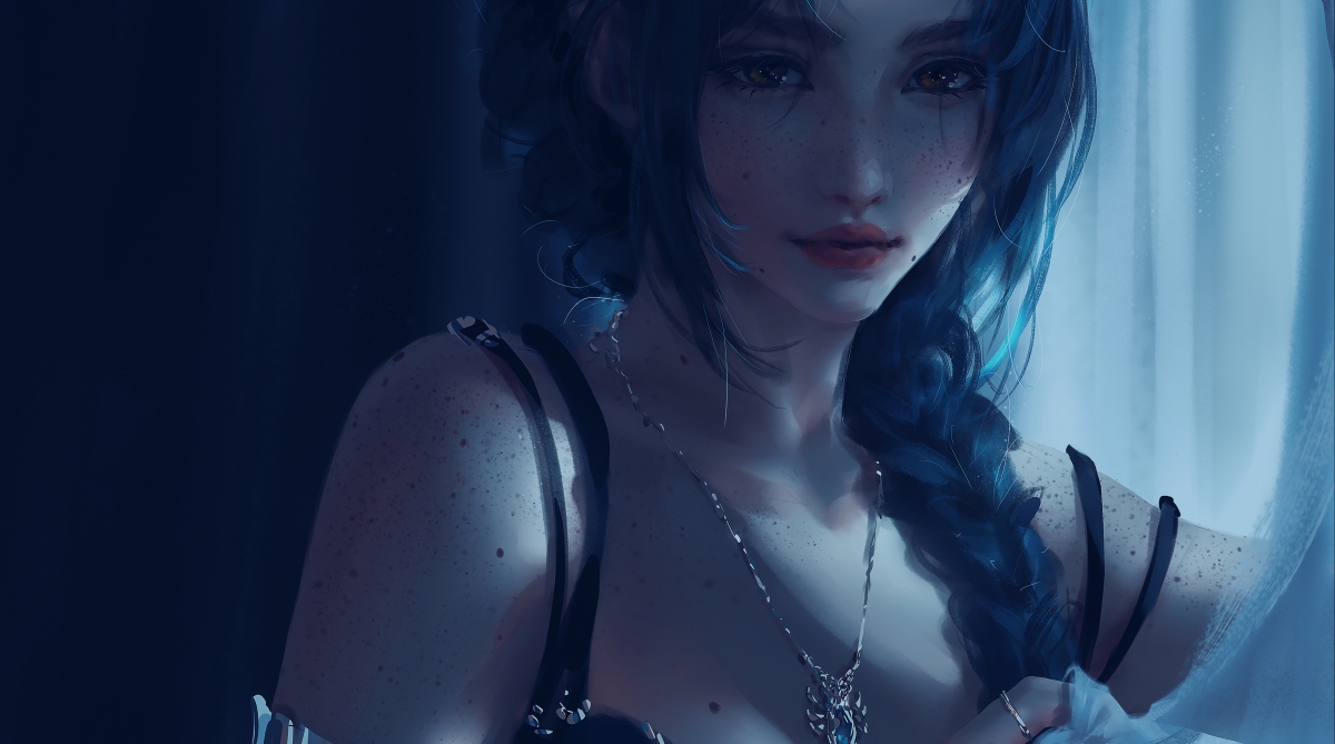 Beautiful woman with long braids staring into eyes only