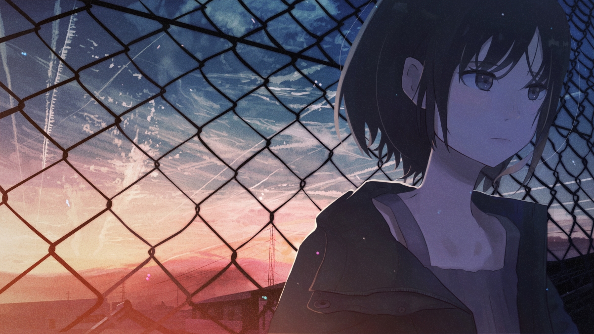 Fence short hair girl illustration day