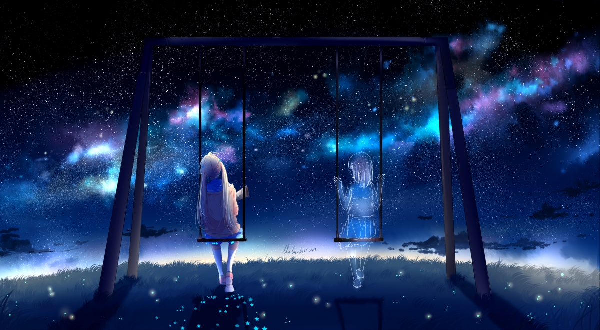 Beautiful girls swinging under the starry sky
