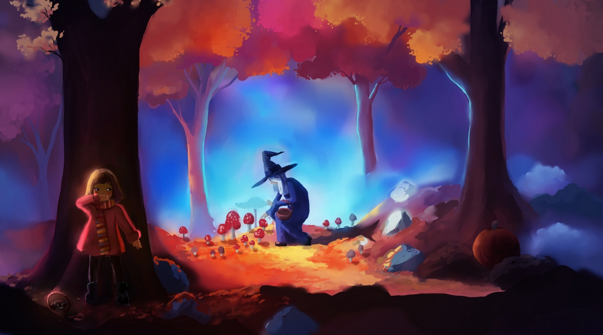 Halloween night witch in the forest