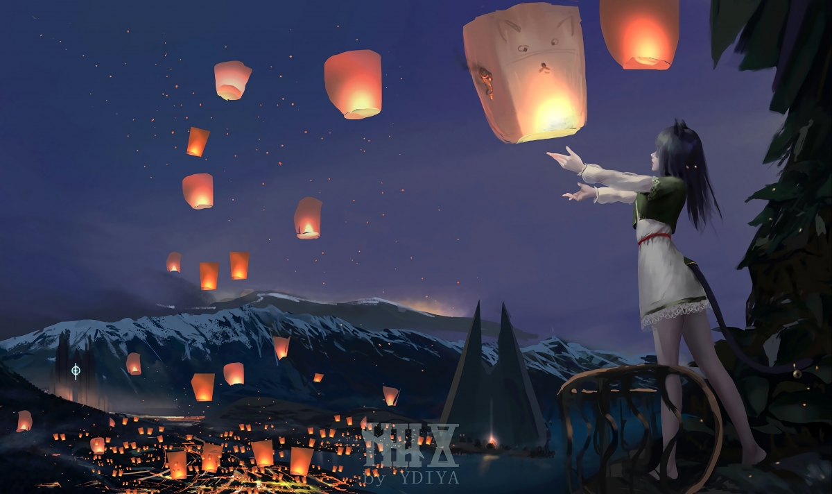 Night sky lantern woman tail