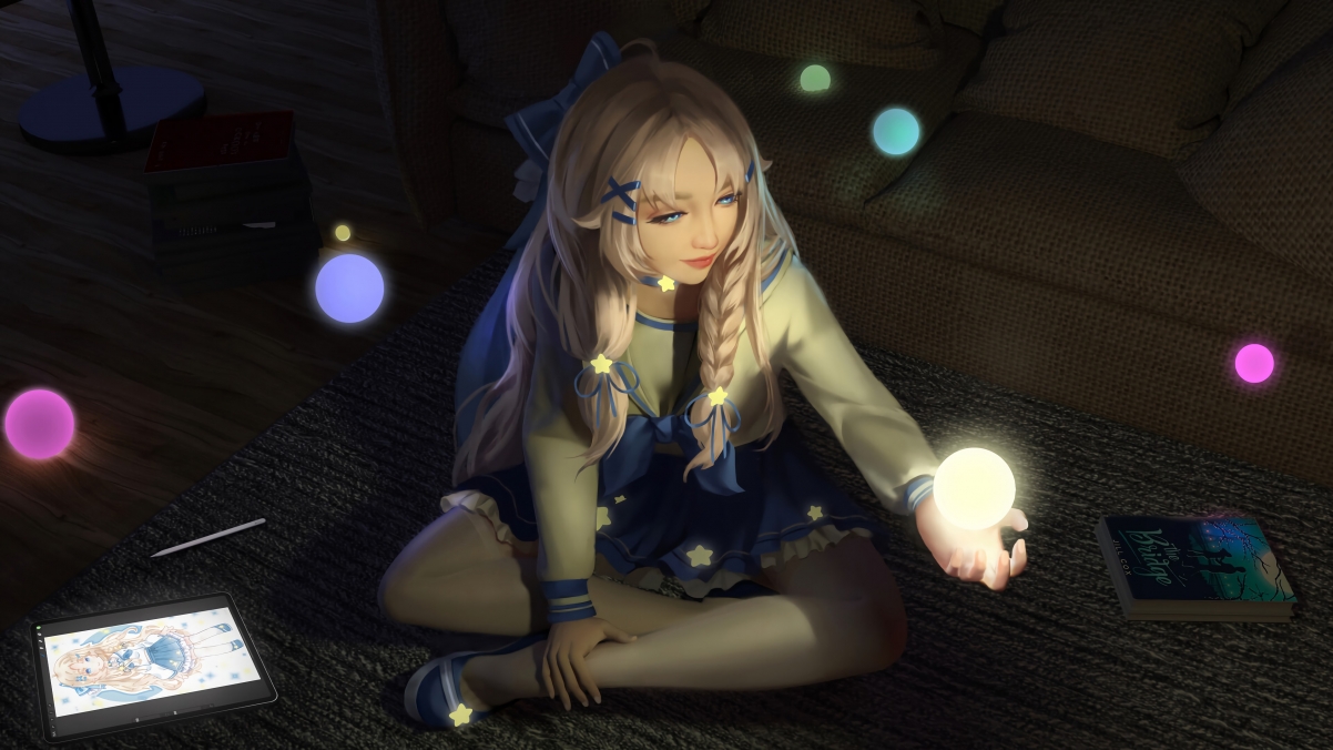 Cute girl with book in night room