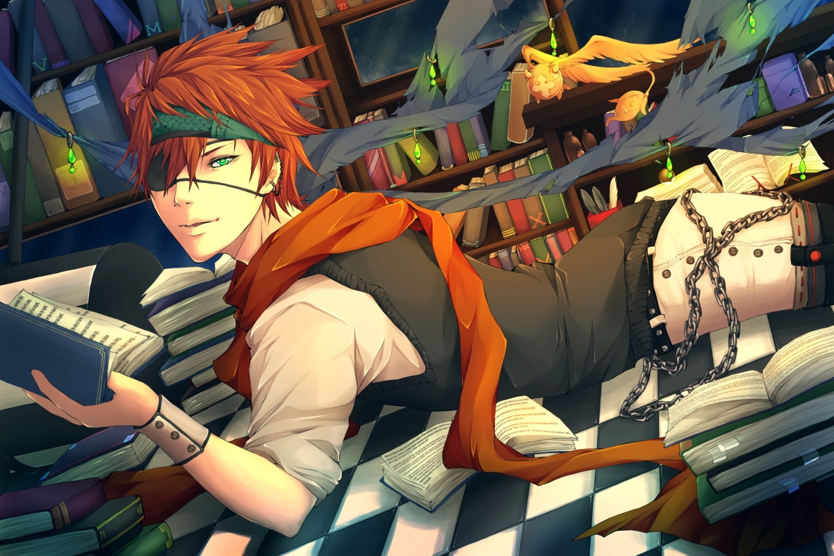 Library, books, scarf, handsome anime