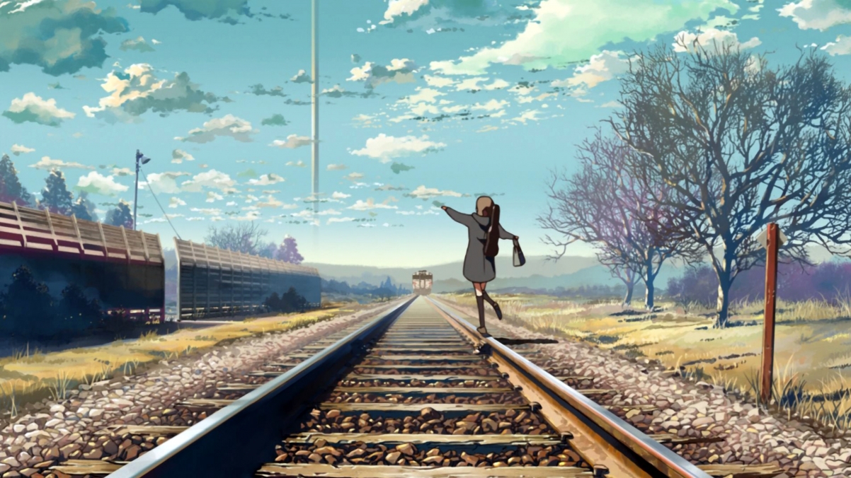 Anime scenery with little girl on the railway
