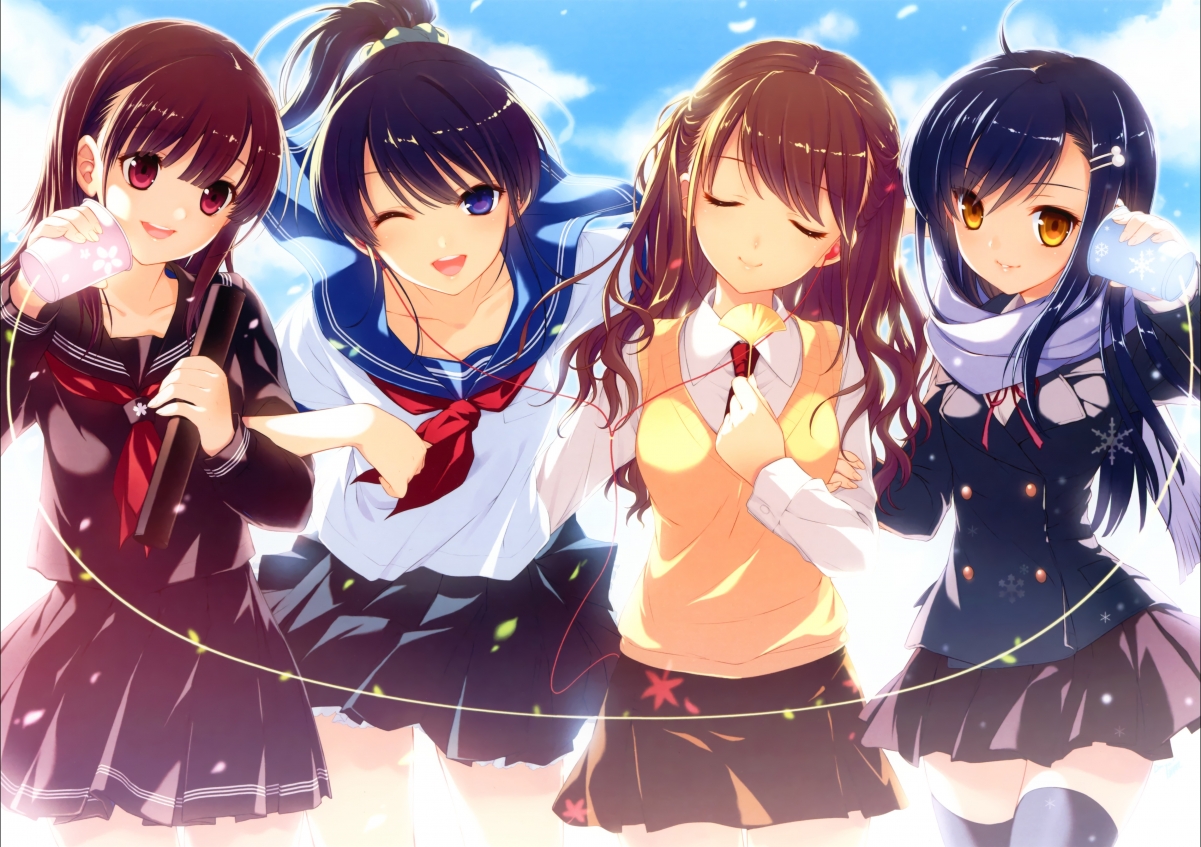 Sky, clouds, four cute schoolgirls