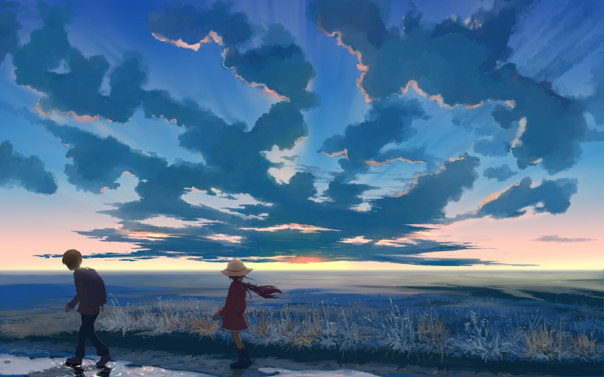 Sky, clouds, sunset, girl, hat
