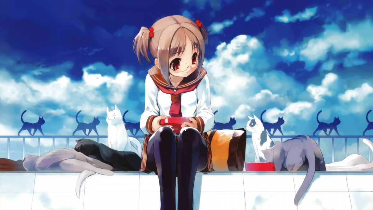 Sky, clouds, girl, cat, 4K anime