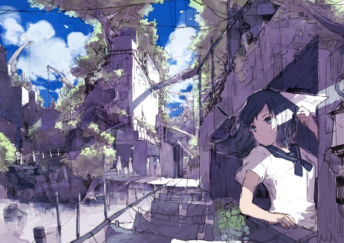 Sky, clouds, city, schoolgirl, paper