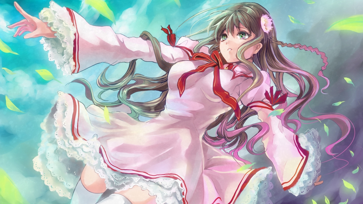 Sky, leaves, cute anime girl