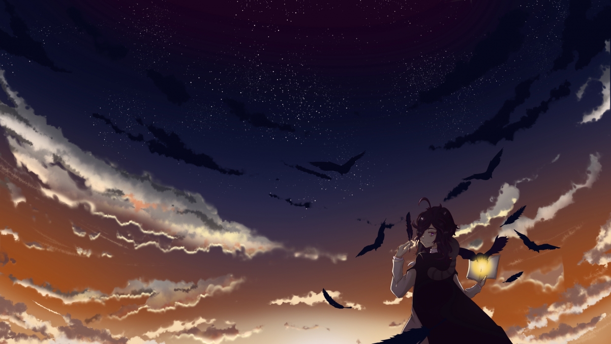 Sky, girl, bird, feather, book