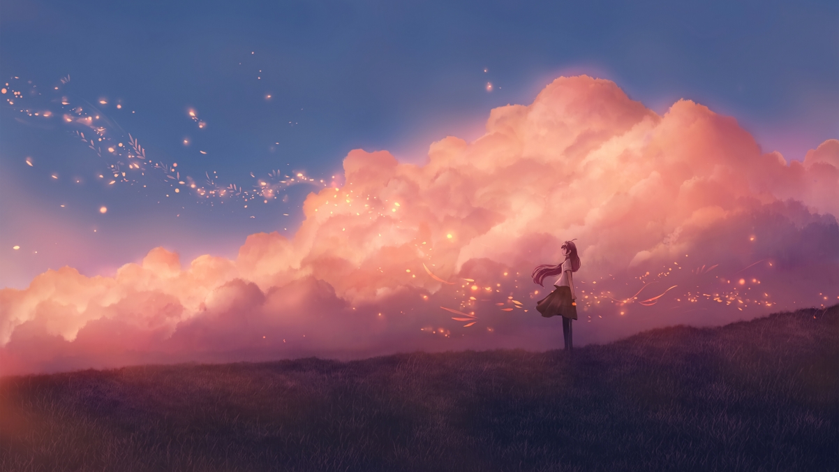 Sky cloud girl grass beautiful
