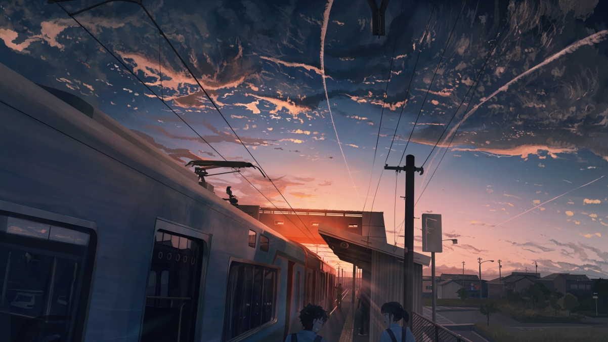 Sky sunset tram anime characters