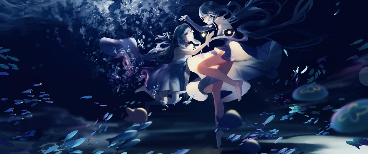 Underwater girl fish stardust 3440x1