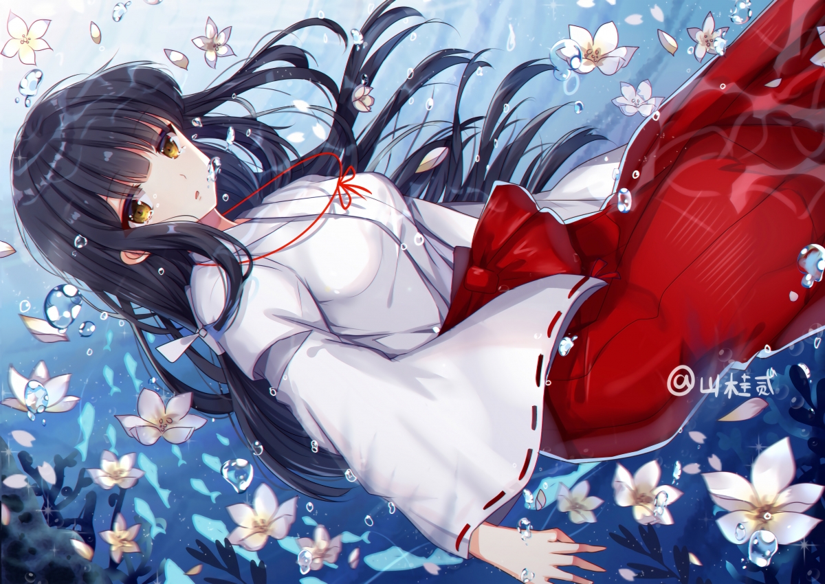Water, petals, long-haired beauty, red dress