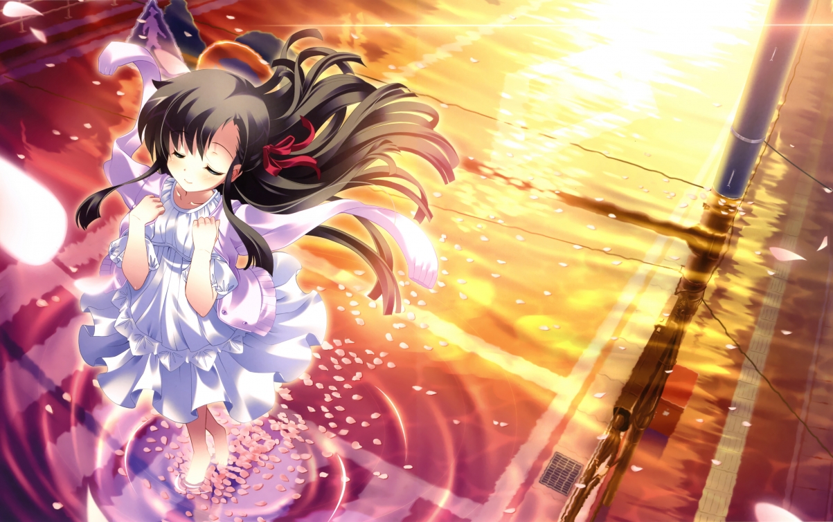 Water, petals, girl, 4K anime wallpaper