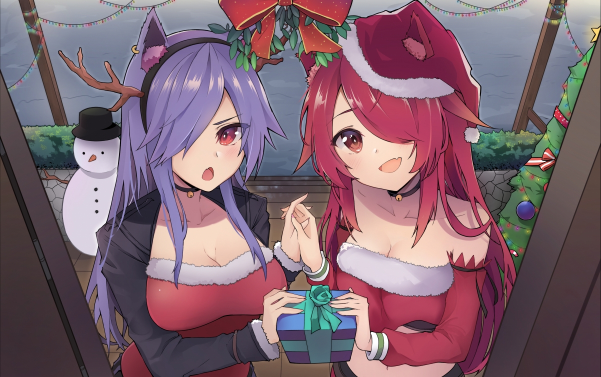 Christmas girl with cat ears snowman