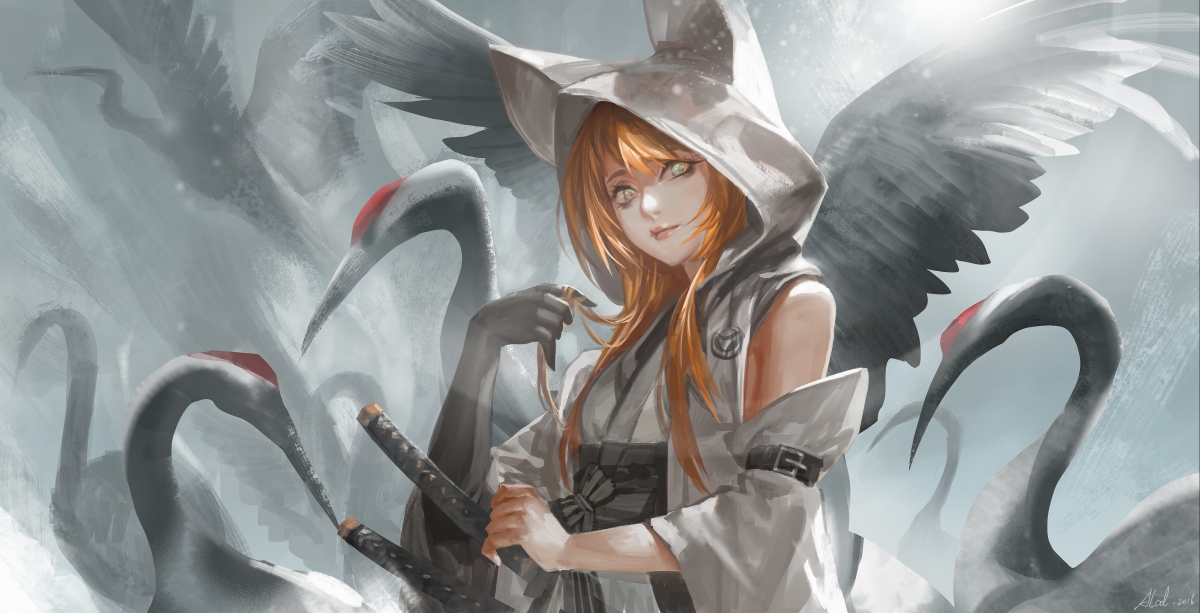 Girl crane illustration 4k anime wall