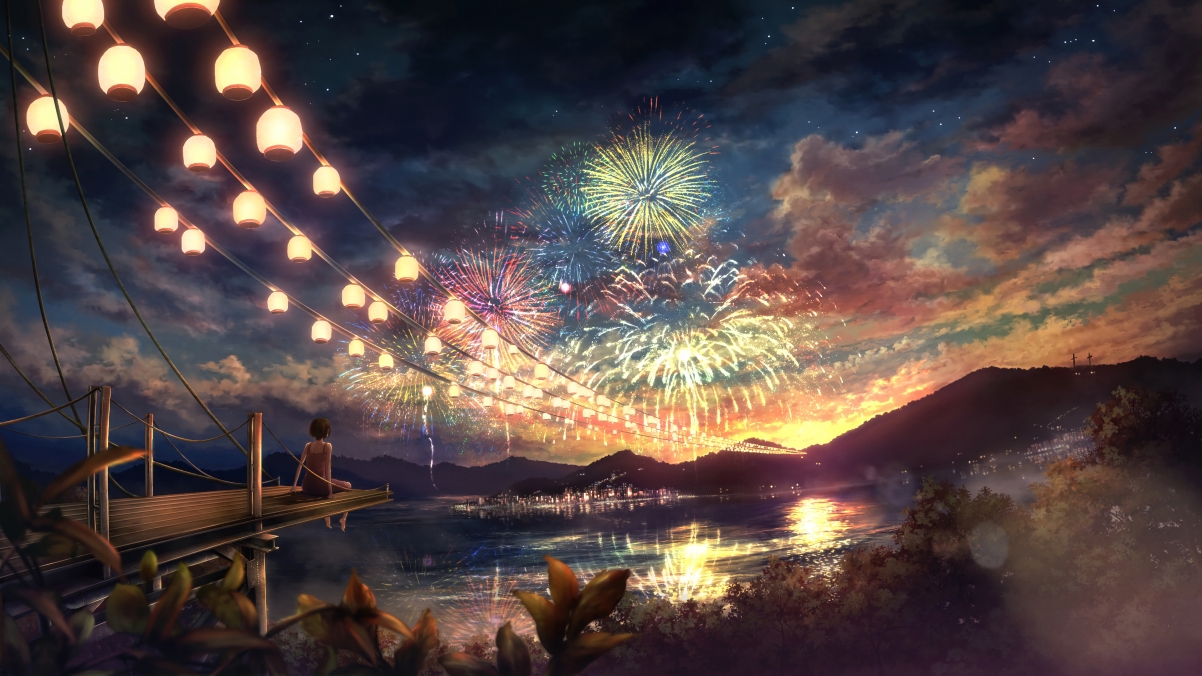 Teenage girl watching fireworks starry sky wind