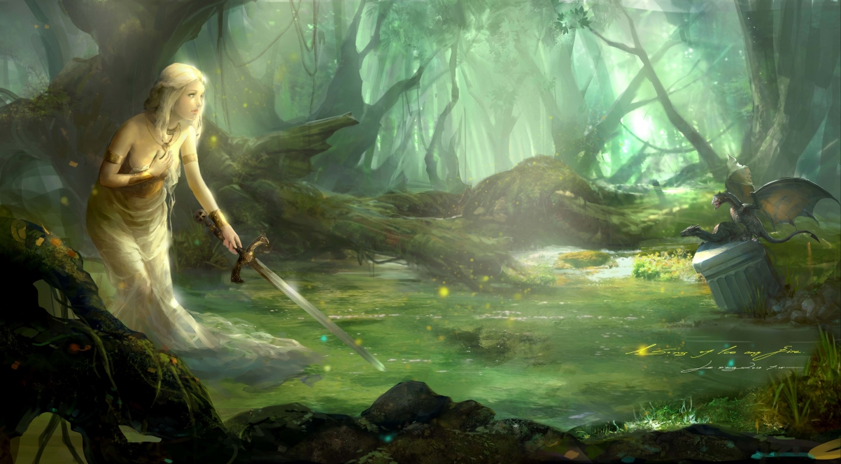 Forest river girl sword beautiful artistic conception