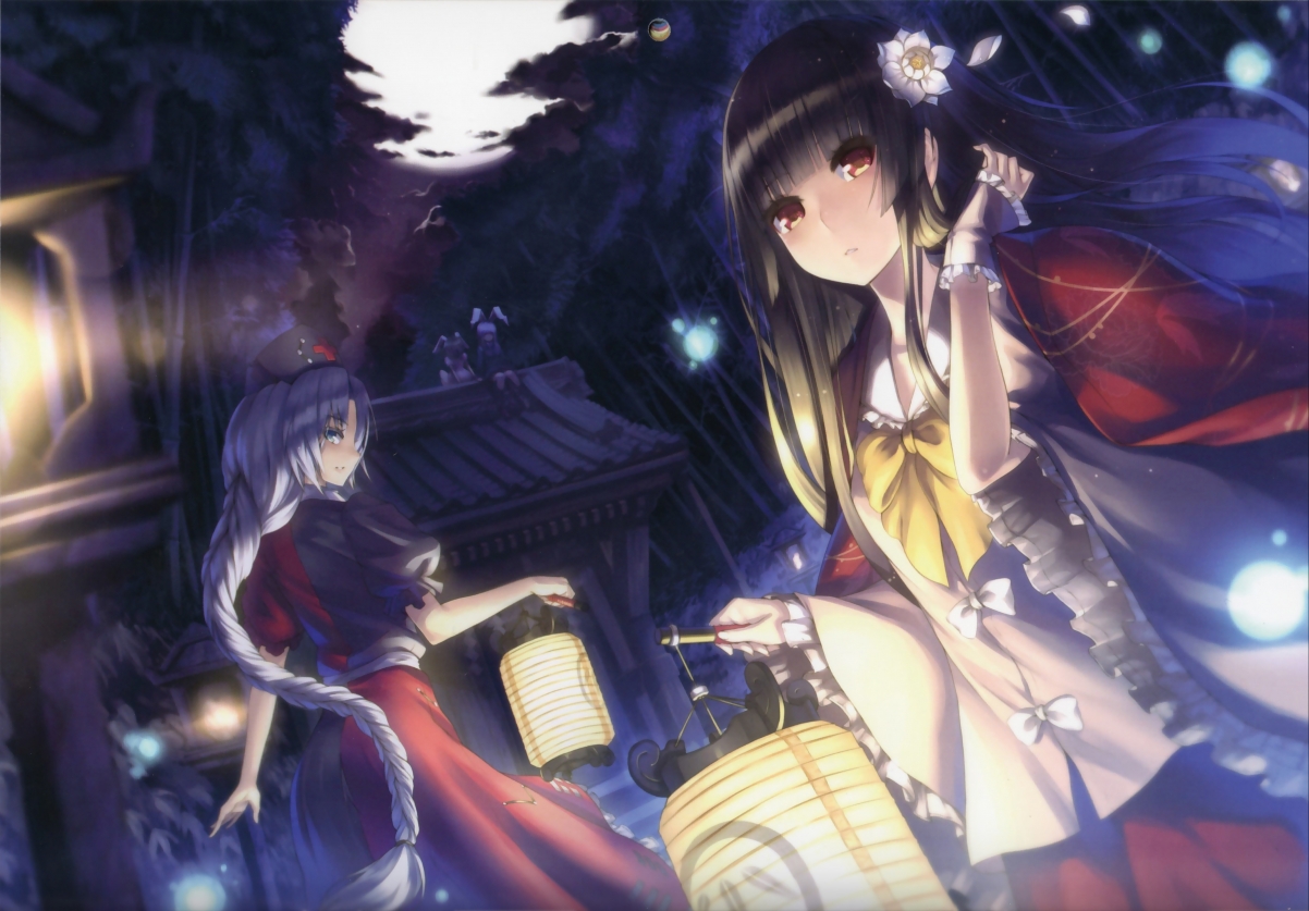 Forest, night, smile, girl, lights