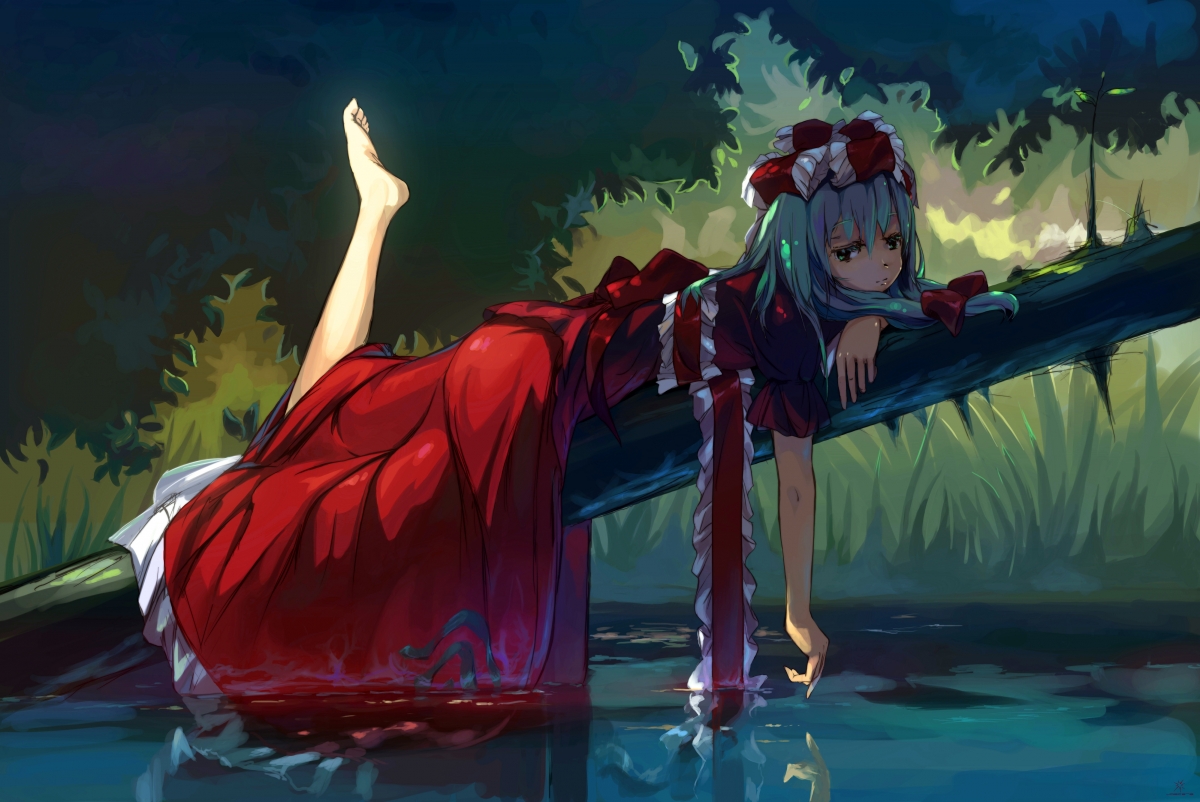 Forest, trees, river, red skirt female