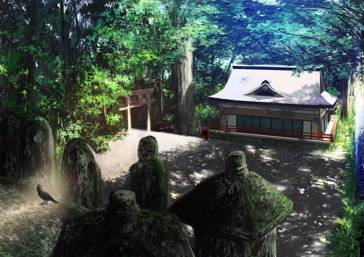 Forest shrine crow cartoon illustration