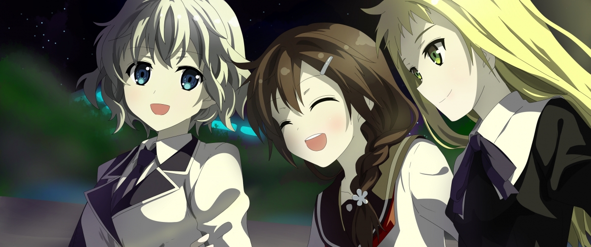 Three cute school uniform girls with fish screen